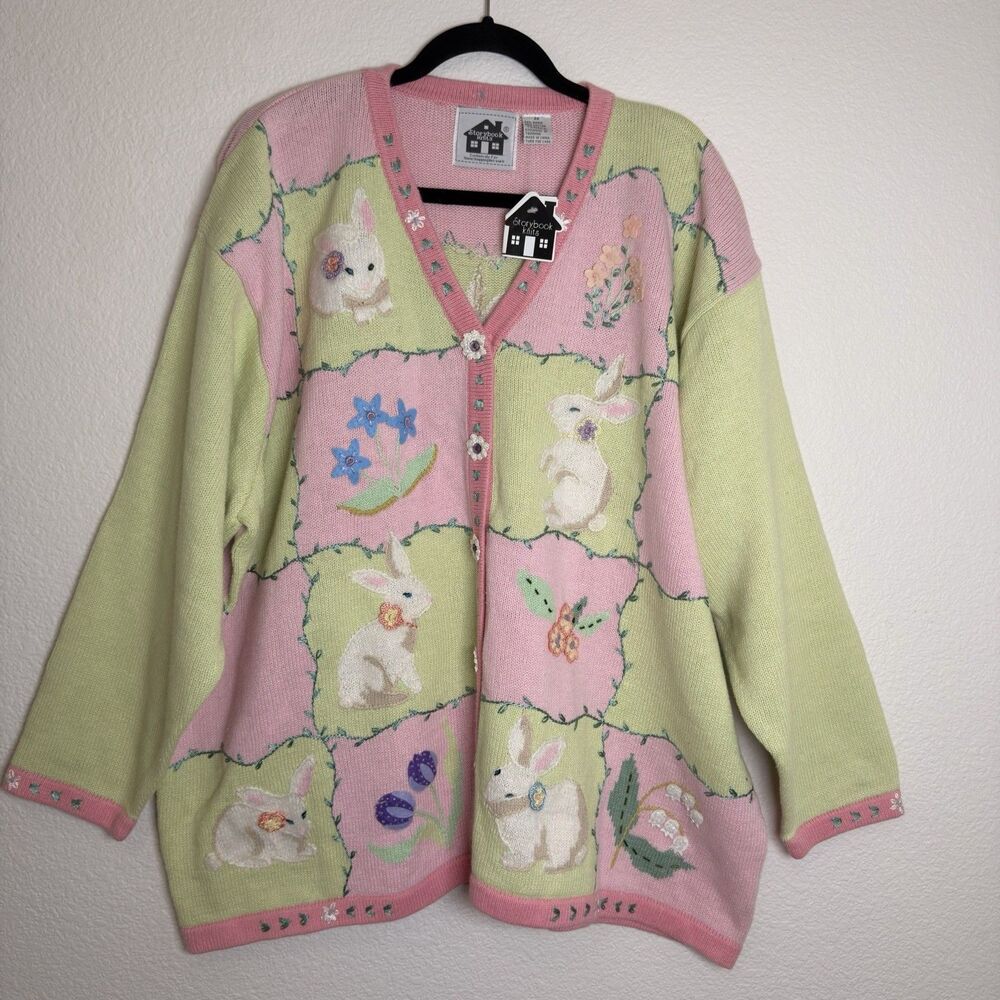Storybook Knits Bunny Patch Cardigan 3X NWT Easter Rabbit Embroidered Sweater